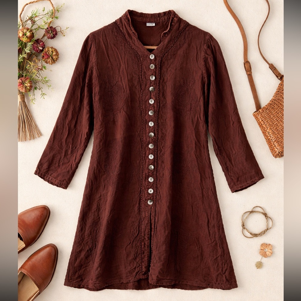 Y2K Boho Embroidered Viscose Tunic Top Brown Button Front Cottagecore Festival